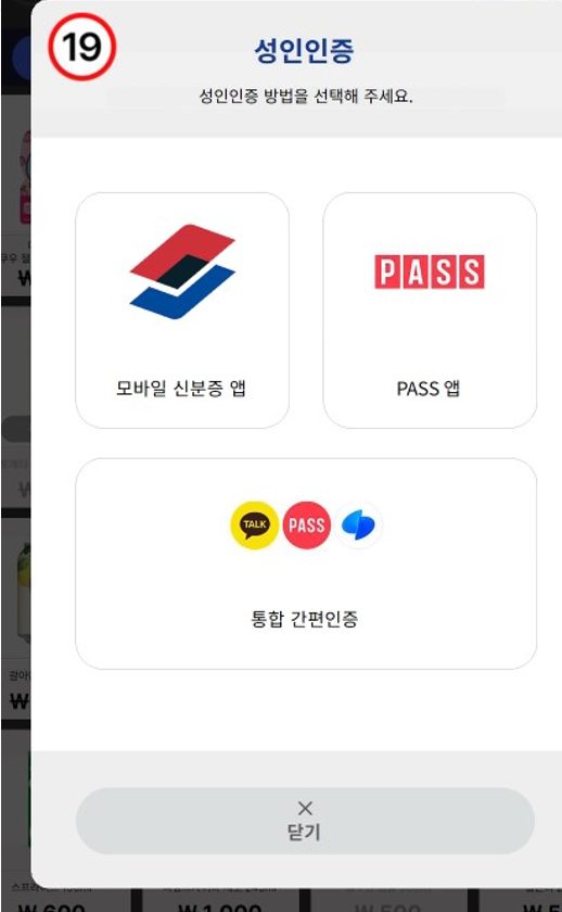 성인인증 방법 선택 화면 — 모바일 신분증·PASS·통합 간편인증