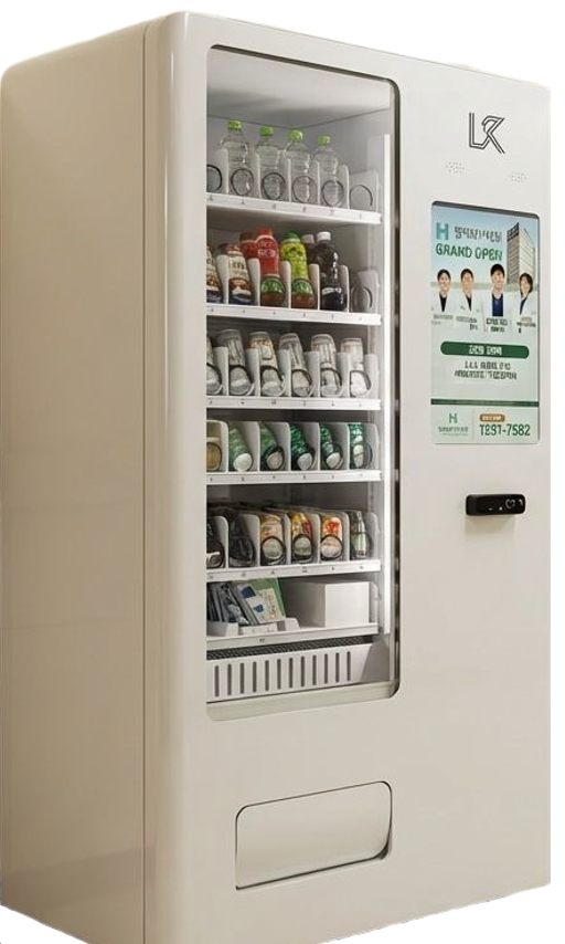 화이트 냉장 자판기 — 음료와 생필품 진열